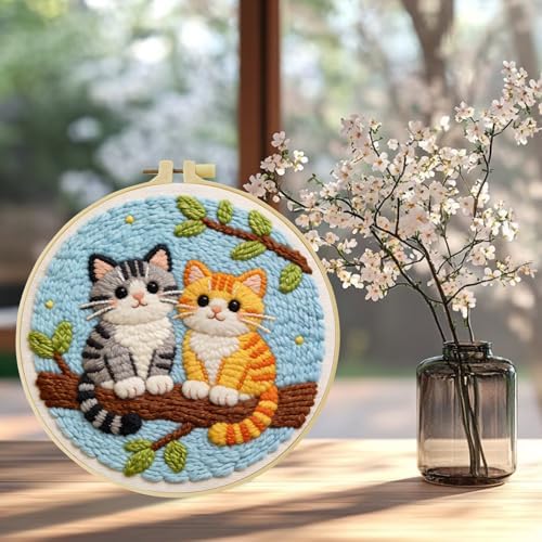JOZYSH Punch Needle Embroidery Starter Kits for Beginners Cute Snow-White cat Curled up Comfortably on a Branch Adorned Hoops,Color Threads,Instructions and Needles,DIY Adults Embroidery (Cat) - Image 6