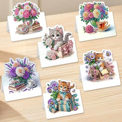 jinglinhh 6pcs Diamond Art Painting Cat and Flowers Cake Greeting Cards with Envelopes, DIY Card Making Kits for Adults, Diamond Art Postcards Christmas Cards Craft Gifts - Image 5