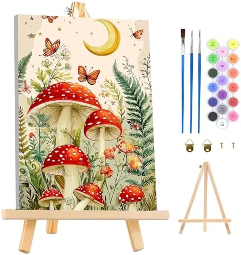 MAXBYE Mushroon Paint by Numbers Kit for Adults with Frame and Wooden Easel, Easy Moon Painting Numbers Art Kits on Canvas, DIY Forest Acrylic Painting Kit for Gift Home Wall Garden Decor 10×14 in by MAXBYE