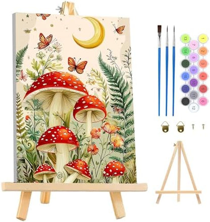 MAXBYE Mushroon Paint by Numbers Kit for Adults with Frame and Wooden Easel, Easy Moon Painting Numbers Art Kits on Canvas, DIY Forest Acrylic Painting Kit for Gift Home Wall Garden Decor 10×14 in by MAXBYE