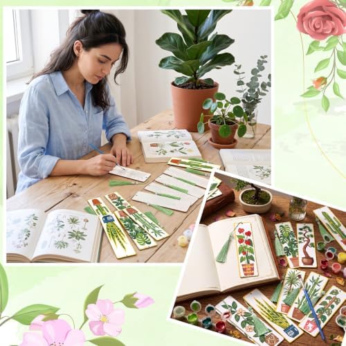Kosiz 12 Pcs Plants Paint by Number Kit for Adult Wood Bookmark - Image 6