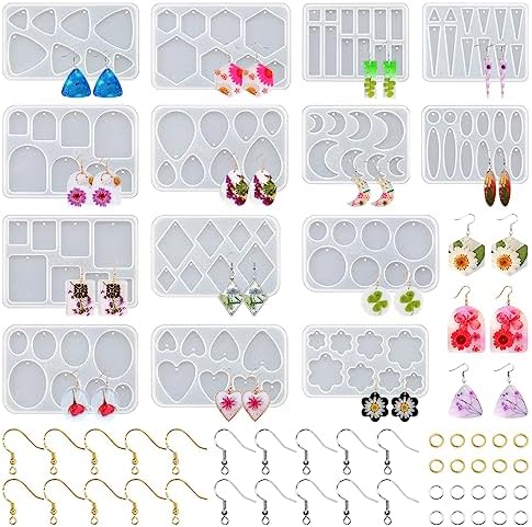 54 Pcs Epoxy Resin Jewelry Molds for Beginners, Moldes De Silicona para Resina for Earrings Pendants Necklaces Keychains Making, Variety Silicone Casting Mould with Hole for Boho Art Crafts by RESINGO