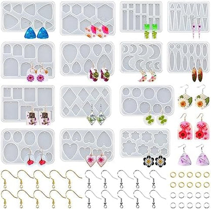 54 Pcs Epoxy Resin Jewelry Molds for Beginners, Moldes De Silicona para Resina for Earrings Pendants Necklaces Keychains Making, Variety Silicone Casting Mould with Hole for Boho Art Crafts by RESINGO