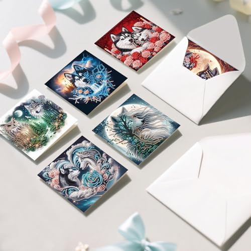 MVVMTOP 6pcs Diamond Painting Greeting Card with envelopes, DIY Wolf Diamond Art Greeting Card for Blessing and Wish Special Shaped Arts Crafts for Christmas Birthday Thanksgiving Day Holiday - Image 6