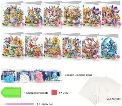 jinglinhh 12pcs Easter Egg Bunny Chick Daffodils Flower Diamond Art Painting Greeting Cards with Envelopes, DIY Card Making Kits for Adults, Diamond Art Birthday Holiday Cards Craft Gifts - Image 3