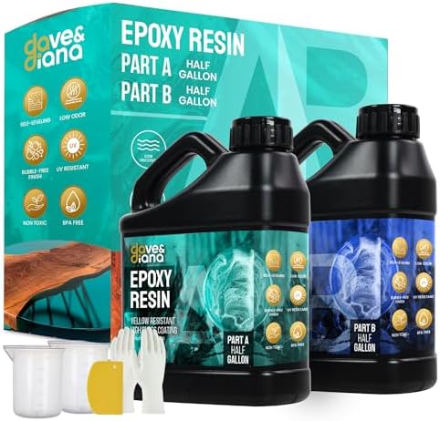 Dave & Diana Crystal Clear Epoxy Resin 1 Gallon – Includes 1/2 Gallon Each of Resin A & Hardener B, Anti-Yellowing, Wear-Resistant, High Gloss, No-Bubble Casting for Crafts, Jewelry, Woodwork & Molds by Unknown