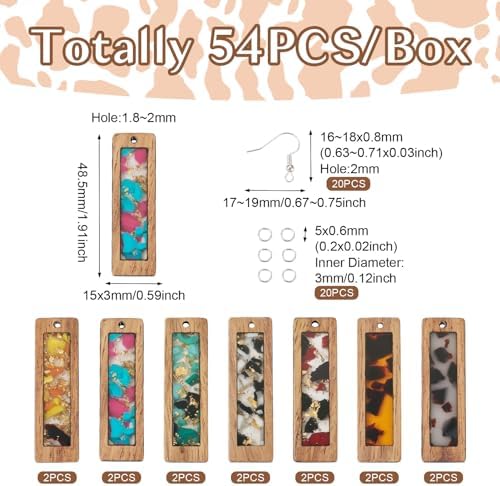 Boutigem 54Pcs Rectangle Resin Wooden Earring Kit with Walnut Wood Statement Charms Earring Hooks Jump Rings for DIY Crafts Earring Key Chain Making Supplies - Image 2