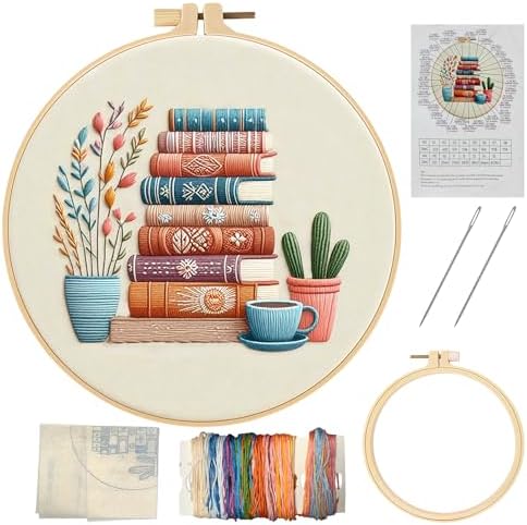 CllyCnny Beginner Embroidery Kit for Adults- Stamped Books and Flowers Pattern Cross Stitch Set,Needlepoint Starter Kit with Instructions,Color Thread,8'' Embroidery Hoops for Home Ofiice Decor by Unknown