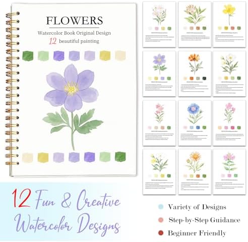 Easy Watercolor Workbook for Beginners - 12 Beautiful Step-by-Step Paintings Water Coloring Book, Includes 16 Watercolors Set, Relaxing Art Projects and Creative Gift for Adults & Teen (Flowers) - Image 7