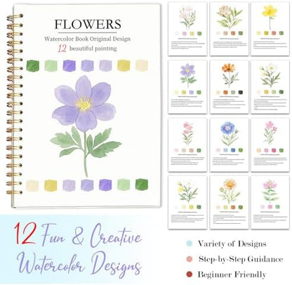 Easy Watercolor Workbook for Beginners - 12 Beautiful Step-by-Step Paintings Water Coloring Book, Includes 16 Watercolors Set, Relaxing Art Projects and Creative Gift for Adults & Teen (Flowers) - Image 7