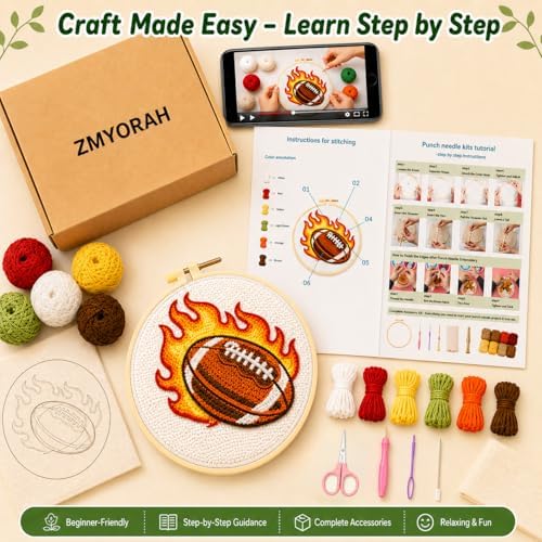ZMYORAH American Football Punch Needle Kit for Beginners Adults, DIY Punch Needle Embroidery Starter Kit with Printed Fabric, Yarn, Needle & Hoop, Sports Handmade Craft for Home Decor & Gift 20x20cm - Image 5