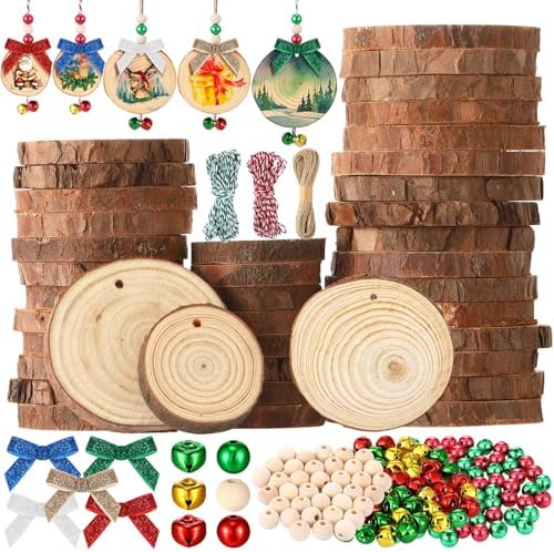 Gerrii 120 Pcs Natural Wooden Slices 2-4 Inch Wooden Christmas Ornament Embellishments Craft with Bows Beads Bells DIY Creative Handmade for Christmas Ornaments Holiday Hanging Decorations by Gerrii