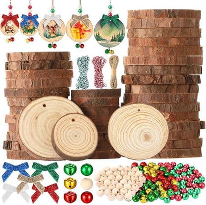 Gerrii 120 Pcs Natural Wooden Slices 2-4 Inch Wooden Christmas Ornament Embellishments Craft with Bows Beads Bells DIY Creative Handmade for Christmas Ornaments Holiday Hanging Decorations by Gerrii
