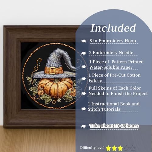 FONNUY Pumpkin Embroidery Kit for Beginners, Pre-Stamped Pattern Kits for Adults with Hoop, Easy to Follow Color Thread Needlework, 8'' Hoop (Witch Hat 1) - Image 2