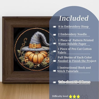 FONNUY Pumpkin Embroidery Kit for Beginners, Pre-Stamped Pattern Kits for Adults with Hoop, Easy to Follow Color Thread Needlework, 8'' Hoop (Witch Hat 1) - Image 2