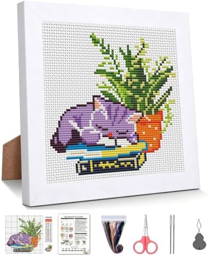 Sleepy Cat Greenery Stamped Cross Stitch Kits for Beginners with Framed by WUSARPLY