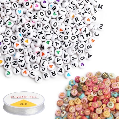 Letter Beads and Bracelets String Set, 4x7mm Round Alphabet Beads by SUTOUG