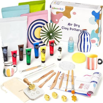 Air Dry Clay Kit for Adults & Kids with Exclusive Stamp | Extra Clay - Complete Sculpting Pottery Kit for DIY, Valentines Day Gifts, Couples Date Night Arts & Crafts Set, Gloss Varnish by Gleamkid