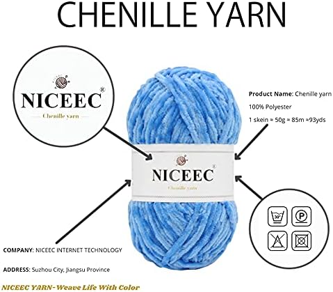 NICEEC 3 Skeins Soft Chenille Yarn 3 x85m (3X 93yds, 3X 50g)_Blue Series - Image 2