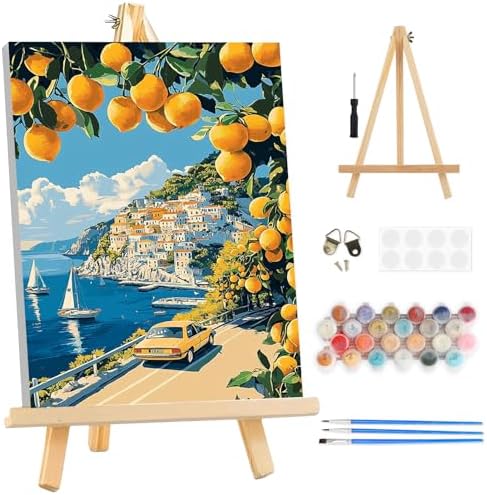 TOSTOG Lemon Tree Town Framed Canvas Paint by Numbers Art Kit for Adults and Kids, Beginner Acrylic Oil Painting Supplies with Wooden Frame for Home Wall Decor 20 * 30 cm/8 * 11.8 in by TOSTOG