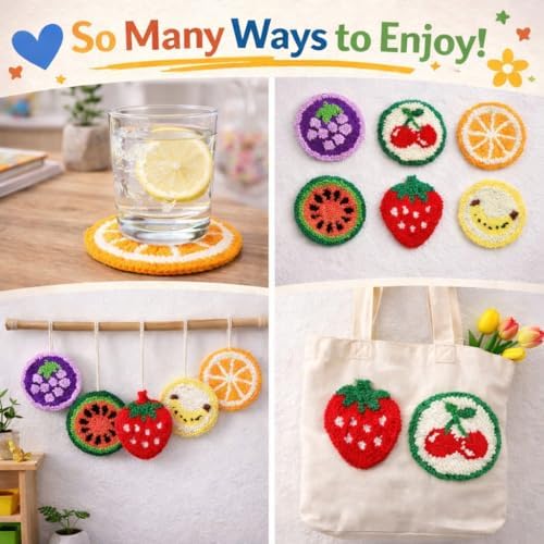 Punch Needle Coaster Kit for Adults Beginners, Easy Punch Embroidery Starter Set with Instructions – Fun Mug Rug Making Kit for Table Decor & Festival DIY Gifts (6pcs Cute Fruits) - Image 6