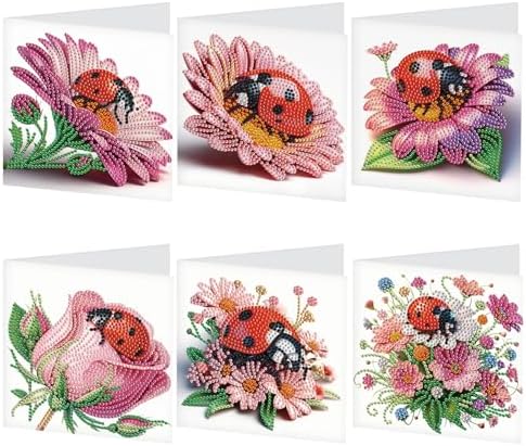 LazyFold 6Pcs DIY Diamond Art Painting Greeting Cards with Envelopes, Ladybugs and Flowers All Occasion Note Card Kit for Women, Handmade Thank You Birthday Friendship Cards Gift by LazyFold