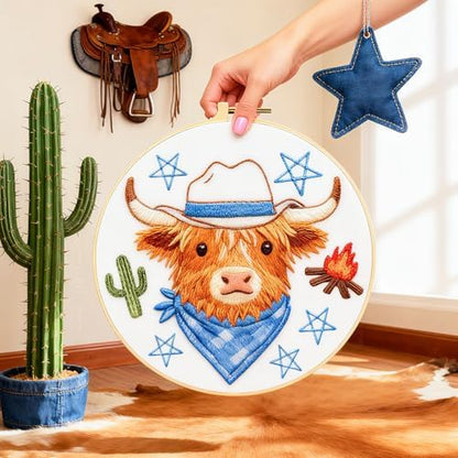 BEUNITONE 4 Set Embroidery Kit for Beginners, Animal Cowboy Patterns Cross Stitch Kits, Needlepoint Kits for Adults with Hoop, Cute Hand Embroidery Patterns for Cloth and Home Decor - Image 5
