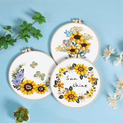 ERKOON 3 Sets Embroidery Kit, Floral Cross Stitch Set for Include Embroidery Cloth Hoops Threads for Craft Lover Hand Stitch (Sunflower) - Image 2
