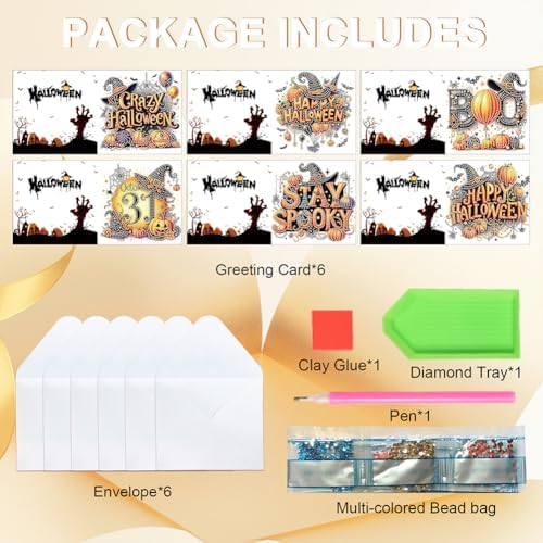 jinglinhh 6pcs Diamond Art Painting Halloween Pumpkin Witch Hat Cat Greeting Cards with Envelopes, DIY Card Making Kits for Adults, Diamond Art Postcards Christmas Cards Craft Gifts - Image 3