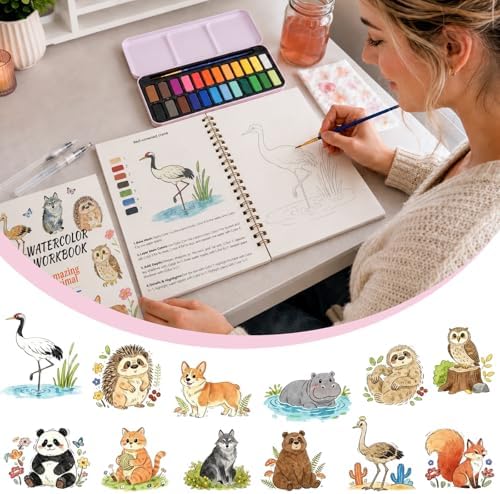 Watercolor Workbook - Water Color Coloring Book Set for Adults. 14 Land Animal Water Colors Book, 24 Color Watercolor Paint, 3 Brush Pens, 300g Watercolor Paper, Perfect Gifting for Beginners - Image 2