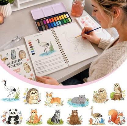 Watercolor Workbook - Water Color Coloring Book Set for Adults. 14 Land Animal Water Colors Book, 24 Color Watercolor Paint, 3 Brush Pens, 300g Watercolor Paper, Perfect Gifting for Beginners - Image 2