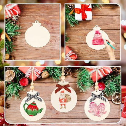 50PCS 4" Blank Wooden Ornaments for Crafts with Plaid Bows and Beads - Image 3