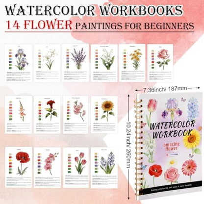 Landhoow Flower Watercolor Workbooks, Water Coloring Book for Adult Beginners 14 Floral Designs Friendly Painting Arts Crafts Exploration Gifts for Birthday Back to School - Image 3