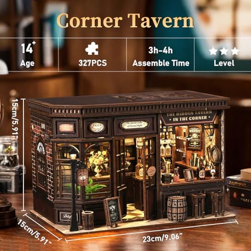 Book Nook Kit for Adults, DIY Miniature House Kits, Corner Tavern 3D Wooden Dollhouse with Sensor LED Light, Corner Bar Building House Bookend Model Craft, Home Bookshelf Decor Birthday Gift - Image 2