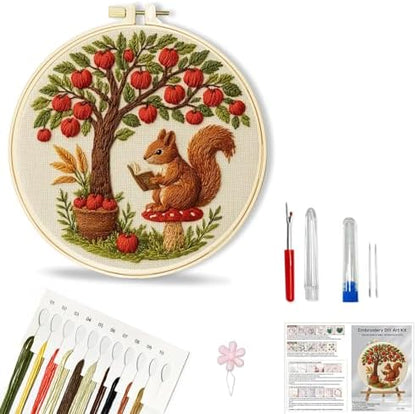 Huacan Beginner Embroidery Kit for Adults, Easy to Learn Squirrel Embroidery Patterns Instruction, Needlepoint Kits for Adults Include Embroidery Hoop, Colorful Threads, Tools by Home