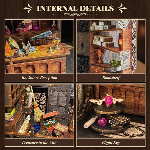 DIY Book Nook Kit, 3D Wooden Puzzle Miniature Booknook Bookend Bookshelf Decor with LED Light, Dust Cover, Book Nook Kits for Adults Teen Ideas - Image 4