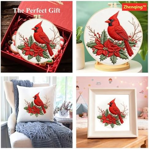 Zhenqing Cardinal Embroidery Kit for Beginners, Red Bird & Holly Needlework Craft with Pre-Printed Cotton Fabric, Hoop, Threads & Tools, Winter Holiday Decor (C0202) - Image 6