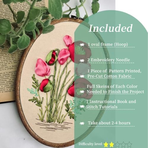 FONNUY Ribbon Embroidery 3D Flowers Pattern Design Kit Embroidery DIY Handwork Set Oval Home Decoration (Red Rose) - Image 2
