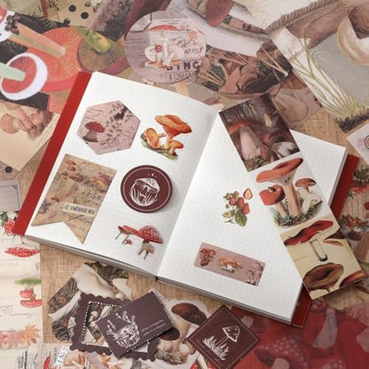 Scrapbook Photo Album Supplies Kit with Tweezers and Glue Tape – Vintage Aesthetic Junk Journaling Set, Scrapbooking Paper, Sticker Pack, Notebook, Stationery Kit, Gift for Adults Teens (Mushroom) - Image 2