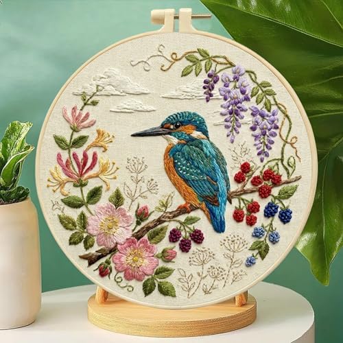 FRANDEK DIY Flower Bird Stamped Embroidery Kit with Hoop for Adults - Image 7