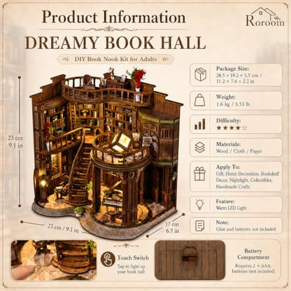 Roroom DIY Miniature House Kit, Dreamy Book Hall Book Nook Kit - Image 2