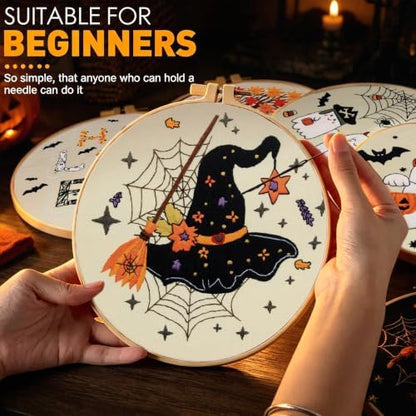 ElasignShopo 5 Sets Halloween Embroidery Kit for Adult Beginners Pumpkin Bat Embroidery Starter Kit Halloween Cross Stitch Kits Needlepoint Kits Includes Instruction 2 Hoops Color Threads Needles - Image 3