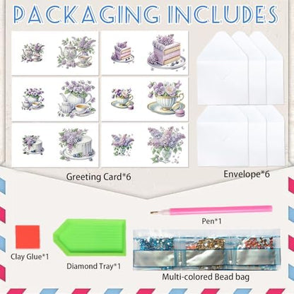 6pcs Diamond Painting Greeting Card with envelopes, DIY Afternoon Tea with Lavender Diamond Art Greeting Card for Blessing and Wish Special Shaped Arts Crafts for Christmas Birthday Thanksgiving Day - Image 3
