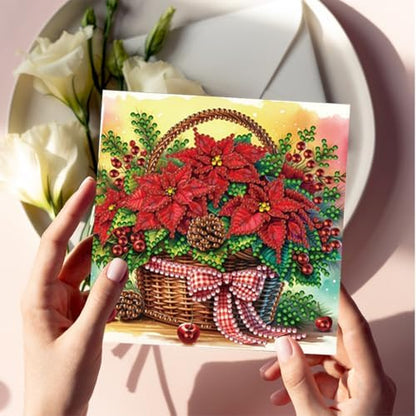 jinglinhh 6pcs Christmas Poinsettia Flower Basket Diamond Art Painting Greeting Cards with Envelopes, DIY Card Making Kits for Adults, Diamond Art Postcards Christmas Cards Craft Gifts - Image 7