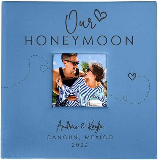 Personalized Photo Album For Newlyweds, Holds 200 4" x 6" Photos, Engraved Our Honeymoon Leatherette Photo Album, Gift For Her, Blue Photo Scrapbook, Photo Keepsake