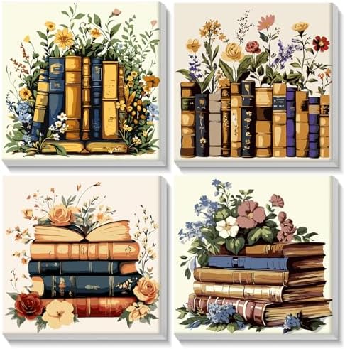 Lxmsja 4 Pack Floral Library Paint by Numbers Kit for Adults, Easy Framed Paint by Numbers for Adults Beginner, DIY Acrylic Oil Painting Craft Kits for Home Wall Decor 8x8 inch by Lxmsja