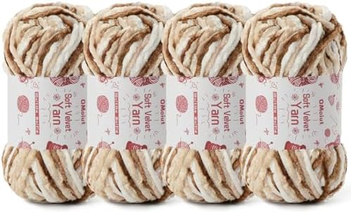 4x100g Fluffy Velvet Chenille Yarn for Crocheting and Knitting, 4x80m (87.5yd) Baby Yarn for Crocheting Soft, Crochet Chunky Yarns Amigurumi Yarns (4 White Coffee) by OMoiut