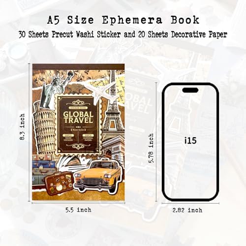 Travel Ephemera Book, 50 Sheets A5 Washi Stickers & Papers - Image 5