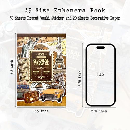 Travel Ephemera Book, 50 Sheets A5 Washi Stickers & Papers - Image 5