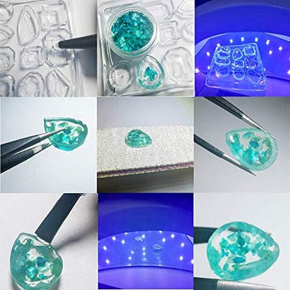 UV Resin Crystal Clear for Jewelry Making 12 Molds for DIY Crafts Pendants Rings Earrings Bracelets with Portable Lamp & Tweezers, 60 Decorations (Shining Glitter & Flowers & Colorful Marble Pieces) - Image 3